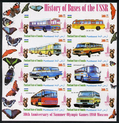 Puntland State of Somalia 2011 Buses of the USSR #1 imperf sheetlet containing 8 values (Butterflies & Mosco Olympic Logo in margin) unmounted mint