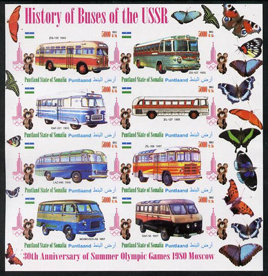 Puntland State of Somalia 2011 Buses of the USSR #2 imperf sheetlet containing 8 values (Butterflies & Mosco Olympic Logo in margin) unmounted mint