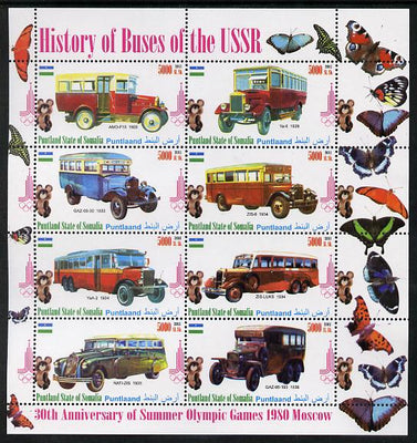 Puntland State of Somalia 2011 Buses of the USSR #3 perf sheetlet containing 8 values (Butterflies & Mosco Olympic Logo in margin) unmounted mint