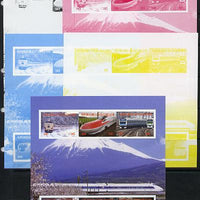 Central African Republic 2012 Japanese Trains sheetlet containing 6 values - the set of 5 imperf progressive proofs comprising the 4 individual colours plus all 4-colour composite, unmounted mint