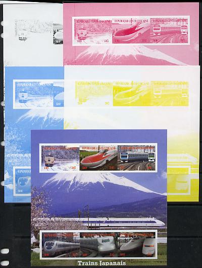 Central African Republic 2012 Japanese Trains sheetlet containing 6 values - the set of 5 imperf progressive proofs comprising the 4 individual colours plus all 4-colour composite, unmounted mint