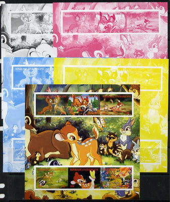 Central African Republic 2012 Bambi & Butterflies sheetlet containing 6 values - the set of 5 imperf progressive proofs comprising the 4 individual colours plus all 4-colour composite, unmounted mint