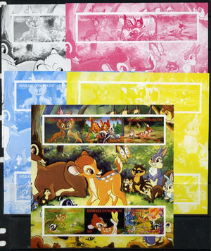 Central African Republic 2012 Bambi & Butterflies sheetlet containing 6 values - the set of 5 imperf progressive proofs comprising the 4 individual colours plus all 4-colour composite, unmounted mint