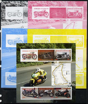 Central African Republic 2012 Motorbikes sheetlet containing 6 values - the set of 5 imperf progressive proofs comprising the 4 individual colours plus all 4-colour composite, unmounted mint