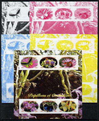 Chad 2012 Orchids & Butterflies sheetlet containing 6 values - the set of 5 imperf progressive proofs comprising the 4 individual colours plus all 4-colour composite, unmounted mint.
