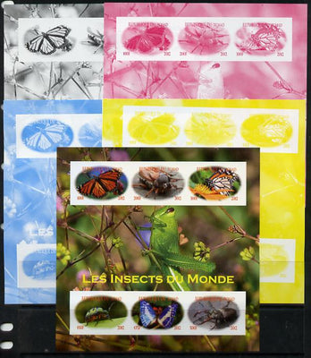 Chad 2012 Insects of the World sheetlet containing 6 values - the set of 5 imperf progressive proofs comprising the 4 individual colours plus all 4-colour composite, unmounted mint.