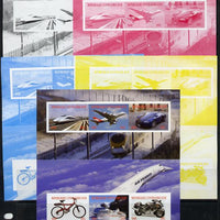 Central African Republic 2012 Transportation sheetlet containing 6 values - the set of 5 imperf progressive proofs comprising the 4 individual colours plus all 4-colour composite, unmounted mint