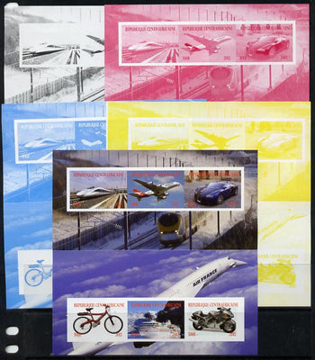 Central African Republic 2012 Transportation sheetlet containing 6 values - the set of 5 imperf progressive proofs comprising the 4 individual colours plus all 4-colour composite, unmounted mint