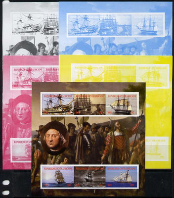 Central African Republic 2012 Christopher Columbus sheetlet containing 6 values - the set of 5 imperf progressive proofs comprising the 4 individual colours plus all 4-colour composite, unmounted mint