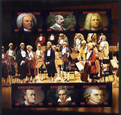 Chad 2012 Classical Composers imperf sheetlet containing 6 values unmounted mint. Note this item is privately produced and is offered purely on its thematic appeal