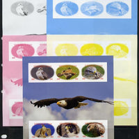 Chad 2012 Birds of Prey sheetlet containing 6 values - the set of 5 imperf progressive proofs comprising the 4 individual colours plus all 4-colour composite, unmounted mint.
