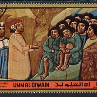 Umm Al Qiwain 1972 The Divine Comedy by Dante 4R showing group hiding behind rock in fine cto used strip of three (1 stamp plus 2 labels)