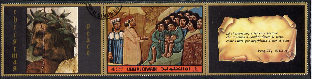 Umm Al Qiwain 1972 The Divine Comedy by Dante 4R showing group hiding behind rock in fine cto used strip of three (1 stamp plus 2 labels)