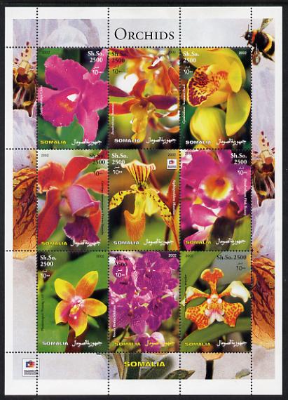 Somalia 2003 Orchids perf sheetlet containing 9 values (with Bee & Phila Korea imprint in border) unmounted mint. Note this item is privately produced and is offered purely on its thematic appeal