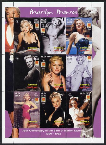 Somalia 2001 Marilyn Monroe perf sheetlet containing 9 values unmounted mint. Note this item is privately produced and is offered purely on its thematic appeal