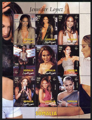 Somalia 2002 Jennifer Lopez #1 perf sheetlet containing 9 values unmounted mint. Note this item is privately produced and is offered purely on its thematic appeal