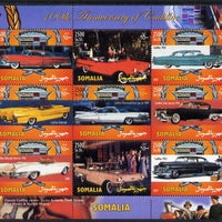 Somalia 2002 100th Anniversary of the Cadillac perf sheetlet containing 9 values unmounted mint. Note this item is privately produced and is offered purely on its thematic appeal (Marilyn, Elvis, Frank Sinatra & Jackie Kennedy in border)