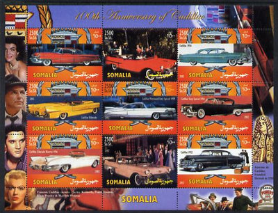 Somalia 2002 100th Anniversary of the Cadillac perf sheetlet containing 9 values unmounted mint. Note this item is privately produced and is offered purely on its thematic appeal (Marilyn, Elvis, Frank Sinatra & Jackie Kennedy in border)