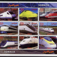 Somalia 1999 High Speed Trains perf sheetlet containing 9 values unmounted mint. Note this item is privately produced and is offered purely on its thematic appeal