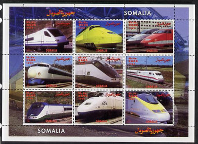 Somalia 1999 High Speed Trains perf sheetlet containing 9 values unmounted mint. Note this item is privately produced and is offered purely on its thematic appeal