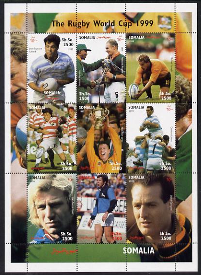 Somalia 1999 Rugby World Cup perf sheetlet containing 9 values unmounted mint. Note this item is privately produced and is offered purely on its thematic appeal