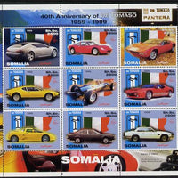 Somalia 1999 40th Anniversary of De Tomaso Cars perf sheetlet containing 9 values unmounted mint. Note this item is privately produced and is offered purely on its thematic appeal