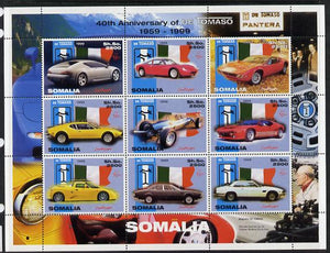 Somalia 1999 40th Anniversary of De Tomaso Cars perf sheetlet containing 9 values unmounted mint. Note this item is privately produced and is offered purely on its thematic appeal