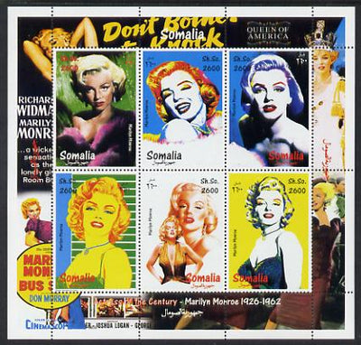 Somalia 2000 Actress of the Century - Marilyn Monroe perf sheetlet containing 6 values unmounted mint. Note this item is privately produced and is offered purely on its thematic appeal
