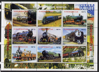 Turkmenistan 1999 Steam Locos perf sheetlet containing 9 values unmounted mint. Note this item is privately produced and is offered purely on its thematic appeal