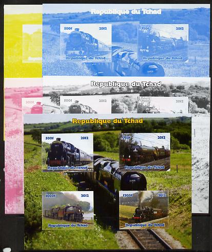 Chad 2012 Steam Locomotives sheetlet containing 4 values - the set of 5 imperf progressive proofs comprising the 4 individual colours plus all 4-colour composite, unmounted mint.