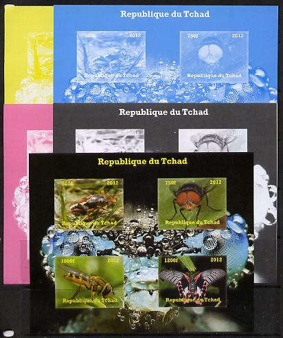 Chad 2012 Insects sheetlet containing 4 values - the set of 5 imperf progressive proofs comprising the 4 individual colours plus all 4-colour composite, unmounted mint.