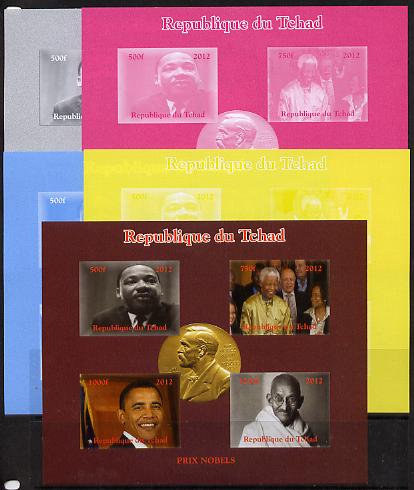 Chad 2012 Nobel Peace Prize Winners/Nominees sheetlet containing 4 values - the set of 5 imperf progressive proofs comprising the 4 individual colours plus all 4-colour composite, unmounted mint.