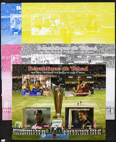 Chad 2012 Cricket T20 - West Indies v Sri Lanka sheetlet containing 4 values - the set of 5 imperf progressive proofs comprising the 4 individual colours plus all 4-colour composite, unmounted mint.