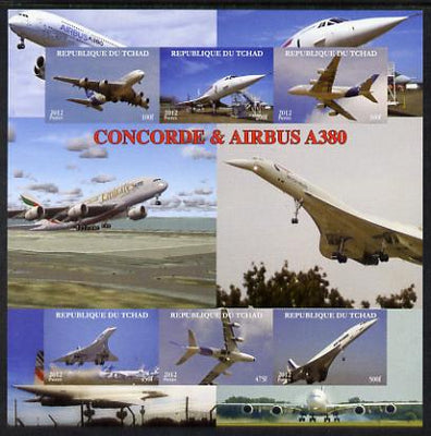 Chad 2012 Concorde & Airbus imperf sheetlet containing 6 values unmounted mint. Note this item is privately produced and is offered purely on its thematic appeal.