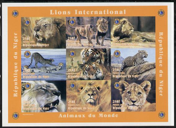 Niger Republic 1998 Animals of the World #2 (Big Cats) imperf sheetlet containing 9 x 250f values each with Lions International logo unmounted mint. Note this item is privately produced and is offered purely on its thematic appeal as Scott #1004