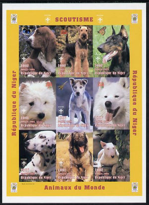 Niger Republic 1998 Animals of the World #4 (Dogs) imperf sheetlet containing 9 x 100f values each with Scouts logo unmounted mint. Note this item is privately produced and is offered purely on its thematic appeal as Scott #1009