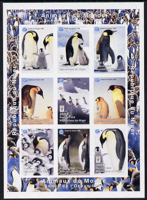 Niger Republic 1998 Animals of the World #5 (Penguins) imperf sheetlet containing 9 x 300f values each with Year of the Ocean logo unmounted mint. Note this item is privately produced and is offered purely on its thematic appeal as Scott #1010