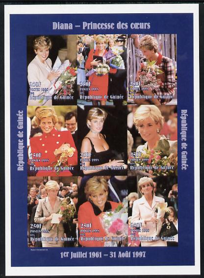 Guinea - Conakry 1998 Princess Diana #3 imperf sheetlet containing 9 values (various portraits) unmounted mint. Note this item is privately produced and is offered purely on its thematic appeal