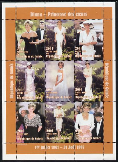 Guinea - Conakry 1998 Princess Diana #1 perf sheetlet containing 9 values (various portraits) unmounted mint. Note this item is privately produced and is offered purely on its thematic appeal