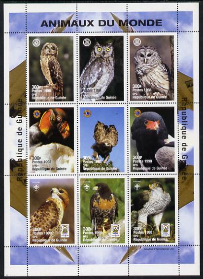 Guinea - Conakry 1998 Animals of the World #2 - Birds perf sheetlet containing 9 values (with Rotary, Lions Int & Scout Logos) unmounted mint. Note this item is privately produced and is offered purely on its thematic appeal