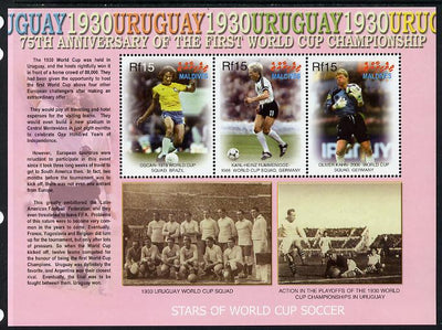 Maldive Islands 2005 Football - 75th Anniversary of First World Cup perf sheetlet containing 3 values unmounted mint. Note this item is privately produced and is offered purely on its thematic appeal