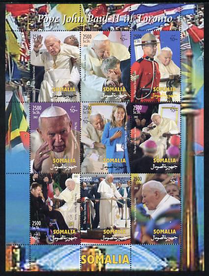 Somalia 2002 Pope John Paul II in Toronto perf sheetlet containing 9 values unmounted mint. Note this item is privately produced and is offered purely on its thematic appeal