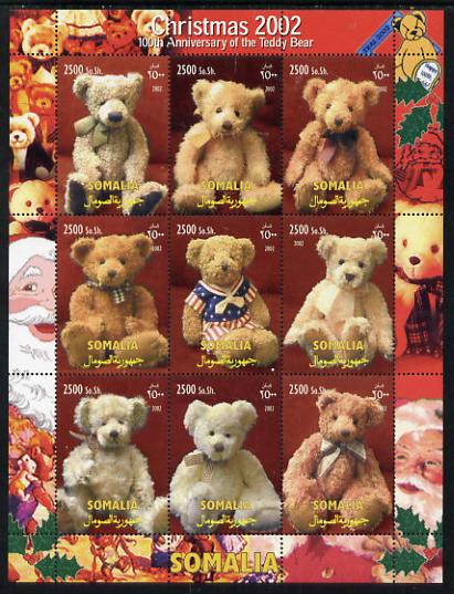 Somalia 2002 Christmas - Centenary of Teddy Bear perf sheetlet containing 9 values unmounted mint. Note this item is privately produced and is offered purely on its thematic appeal