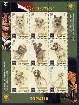 Somalia 2002 Dogs - The Terrier (With Scout Jamboree imprint)perf sheetlet containing 9 values unmounted mint. Note this item is privately produced and is offered purely on its thematic appeal
