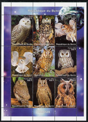 Benin 2002 Owls perf sheetlet containing 9 values unmounted mint. Note this item is privately produced and is offered purely on its thematic appeal