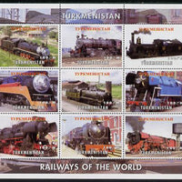 Turkmenistan 2002 Railways of the World - Steam Locos perf sheetlet containing 9 values unmounted mint. Note this item is privately produced and is offered purely on its thematic appeal