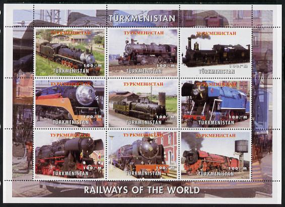 Turkmenistan 2002 Railways of the World - Steam Locos perf sheetlet containing 9 values unmounted mint. Note this item is privately produced and is offered purely on its thematic appeal