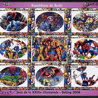 Benin 2008 Beijing Olympics - Comic Book Heroes & Disney Characters #1 perf sheetlet containing 8 values plus label fine cto used (Spider Man, Incredible Hulk & Captain America)