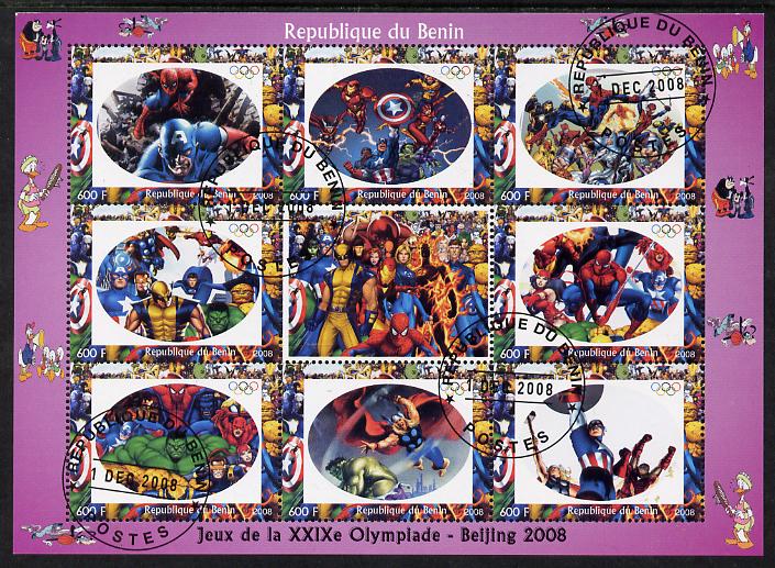 Benin 2008 Beijing Olympics - Comic Book Heroes & Disney Characters #1 perf sheetlet containing 8 values plus label fine cto used (Spider Man, Incredible Hulk & Captain America)