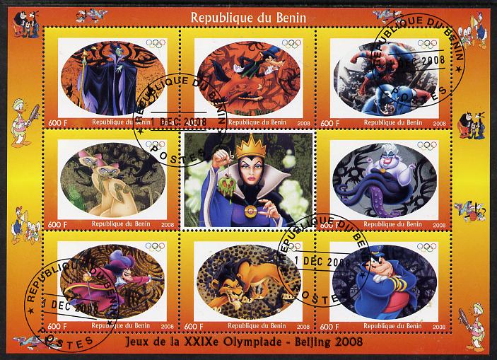 Benin 2008 Beijing Olympics - Comic Book Heroes & Disney Characters #2 perf sheetlet containing 8 values plus label fine cto used (Spider Man, Peter Pan, Sleeping Beauty etc)